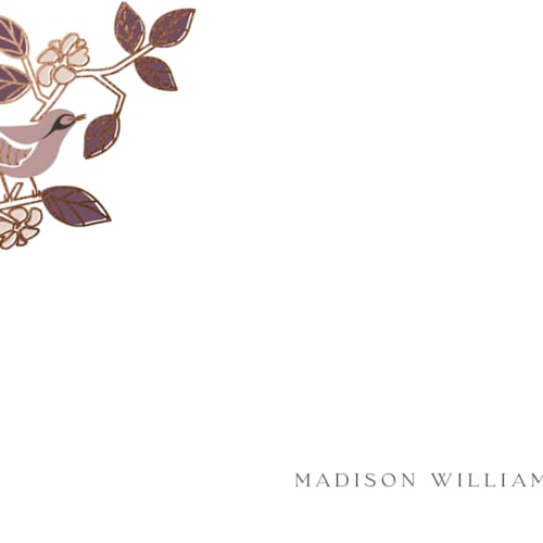 This is a amethyst foil stamped stationery with foil pressed by Ana de Sousa called beautiful bird printing on signature in 4.25x5.5