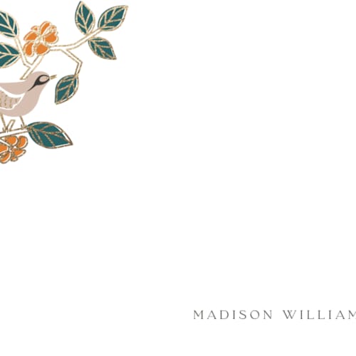 This is a citrine foil stamped stationery with foil pressed by Ana de Sousa called beautiful bird printing on signature in 4.25x5.5