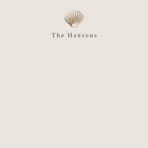 This is a sand foil stamped stationery with foil pressed by Hannah Bowman called simple seashell printing on signature in 4.25x5.5