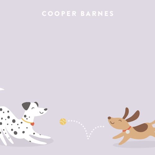 This is a lavender kids thank you cards notes with standard by Susan Asbill called playful pups printing on signature in standard