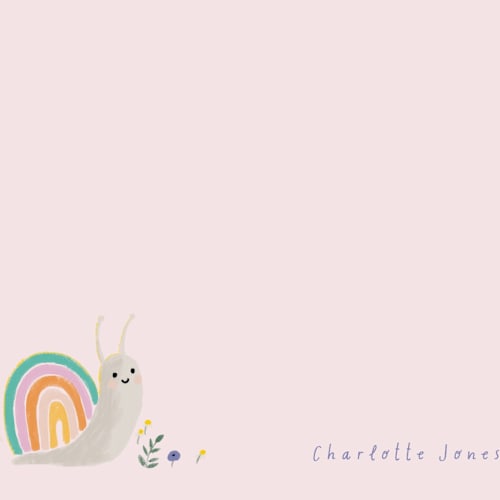 This is a blush kids thank you cards notes with standard by Cass Loh called rainbow snail printing on signature in standard