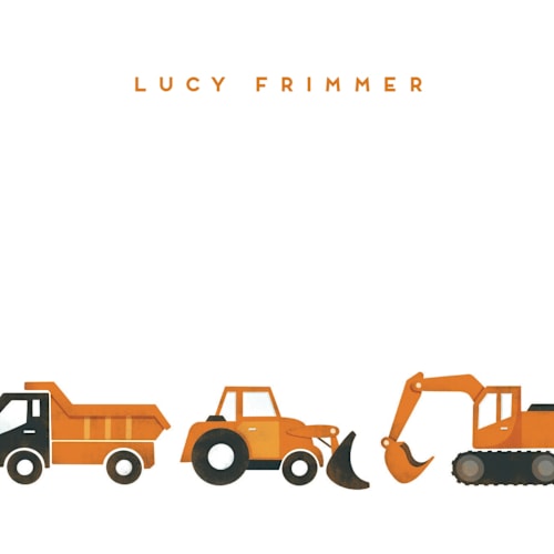 This is a tangerine kids thank you cards notes with standard by Snow and Ivy called big truck parade printing on signature in standard