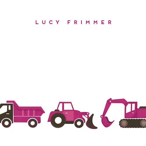 This is a magenta kids thank you cards notes with standard by Snow and Ivy called big truck parade printing on signature in standard