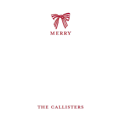This is a candy cane personalized stationery thank you cards with standard by Mere Paper called stamped with a bow printing on signature in 4.25x5.5