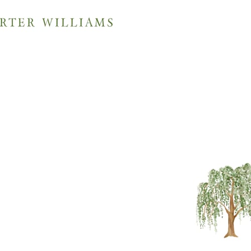 This is a leaf personalized stationery thank you cards with standard by Petra Kern called weeping willow  printing on signature in 4.25x5.5