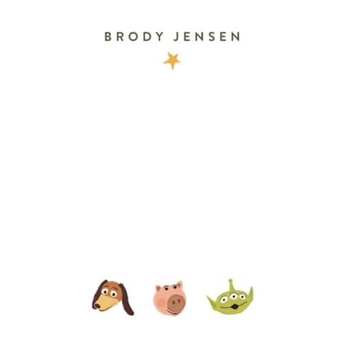 This is a cloud personalized stationery thank you cards with standard by Dani Lugato called pixar's toy story toys printing on signature in 4.25x5.5
