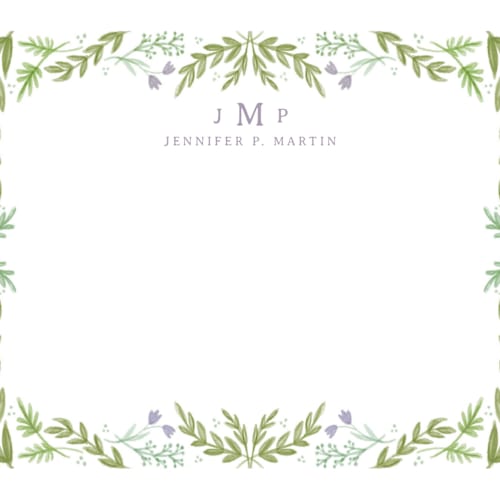 This is a lilac personalized stationery thank you cards with standard by Heather Cairl called framed in floral printing on signature in 4.25x5.5