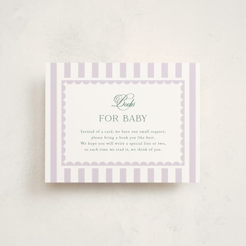 This is a lilac baby shower insert cards with standard by Kelly Schmidt called resort printing on signature in standard