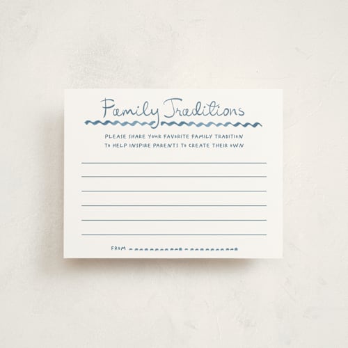This is a baby blue baby shower insert cards with standard by Claudia Orengo called letter box printing on signature in standard
