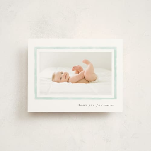 This is a mint wedding thank you cards with standard by Lauren Chism called golightly printing on signature in standard