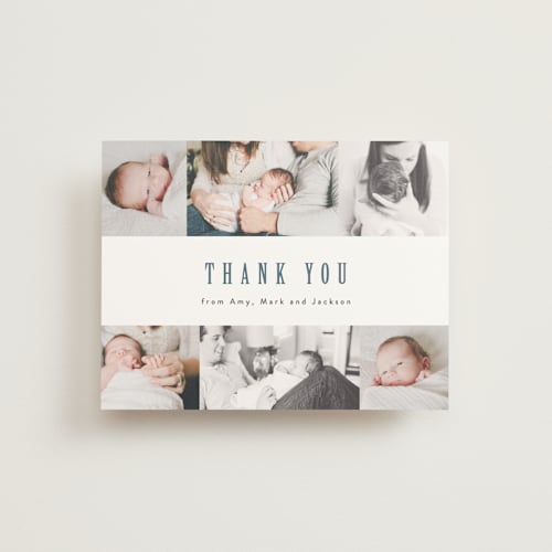 This is a steel blue wedding thank you cards with standard by Ana Sharpe called photo stripes printing on signature in standard
