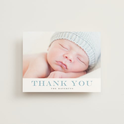 This is a powder wedding thank you cards with standard by Stacey Meacham called stately monogram printing on signature in standard