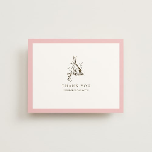 This is a blush wedding thank you cards with standard by Megan Davis called classic bunny printing on signature in standard