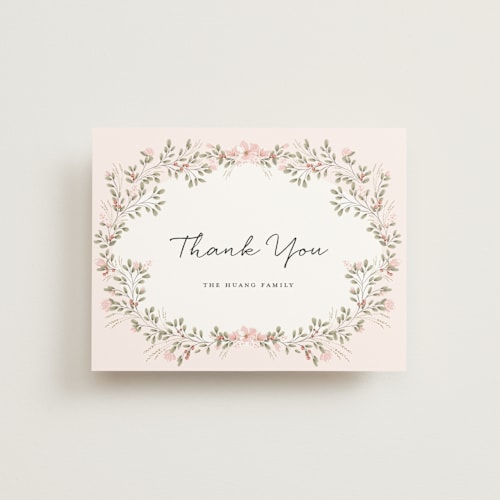 This is a blush wedding thank you cards with standard by Susan Moyal called sweet floral vine printing on signature in standard