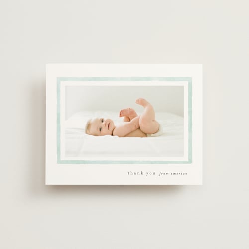 This is a mint baby thank you cards with standard by Lauren Chism called golightly printing on strathmore in standard