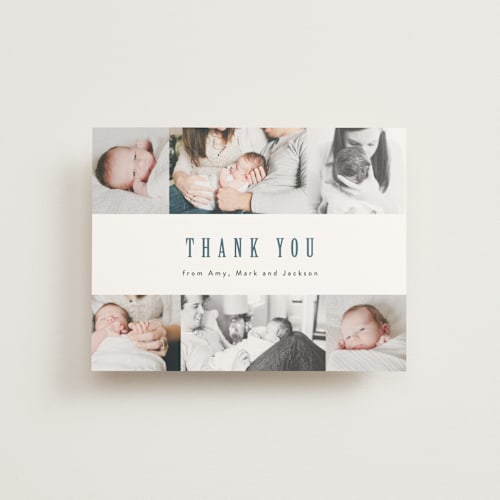This is a steel blue baby thank you cards with standard by Ana Sharpe called photo stripes printing on strathmore in standard