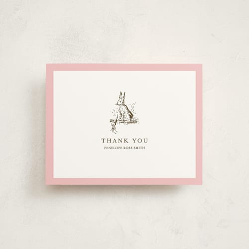 This is a blush baby thank you cards with standard by Megan Davis called classic bunny printing on strathmore in standard
