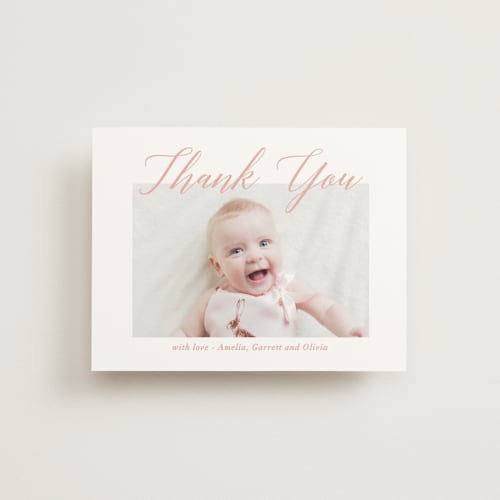 This is a sweet pea baby thank you cards with standard by Jennifer Postorino called sweet script printing on strathmore in standard