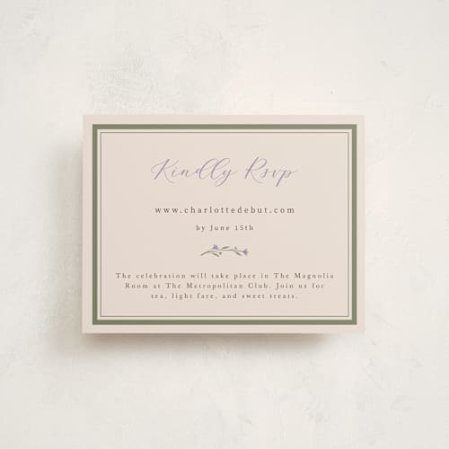 This is a lavender reception cards with standard by Adelyn T. called garden printing on signature in standard