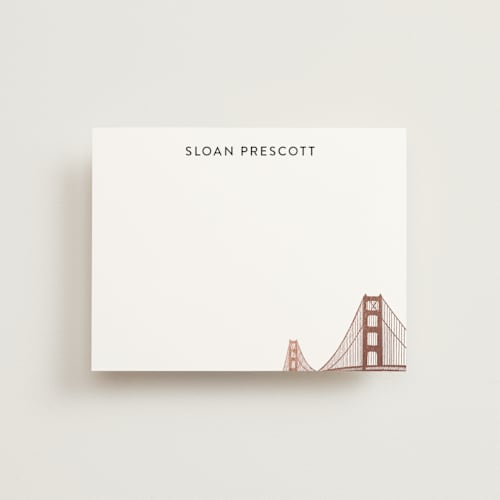 This is a rose gold foil stamped stationery with foil pressed by Hooray Creative called golden gate bridge printing on signature in 4.25x5.5