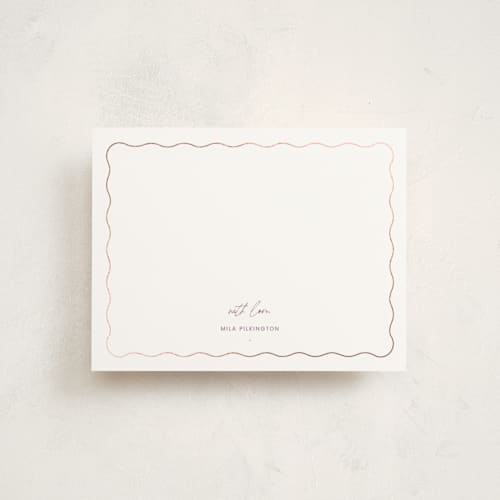 This is a amethyst foil stamped stationery with foil pressed by Blustery August called scallop printing on signature in 4.25x5.5