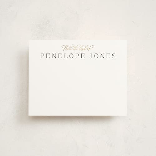 This is a champagne foil stamped stationery with foil pressed by Ashley Rosenbaum called stately printing on signature in 4.25x5.5