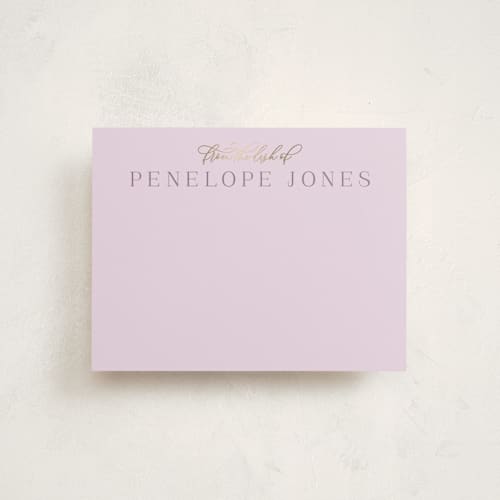 This is a amethyst foil stamped stationery with foil pressed by Ashley Rosenbaum called stately printing on signature in 4.25x5.5