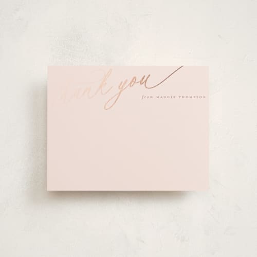 This is a dreamy pink foil stamped stationery with foil pressed by Carolyn MacLaren called elegant thanks printing on signature in 4.25x5.5