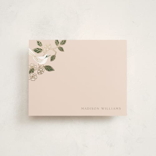 This is a champagne foil stamped stationery with foil pressed by Ana de Sousa called beautiful bird printing on signature in 4.25x5.5