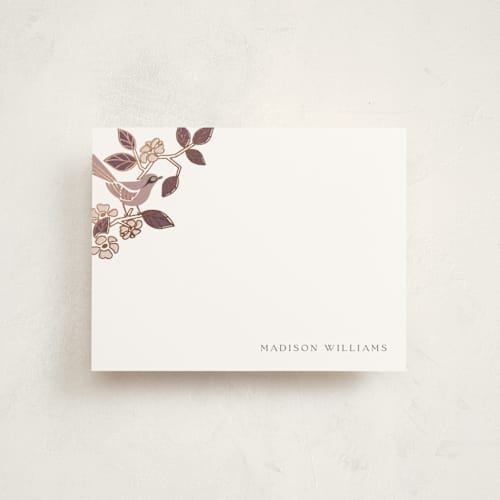 This is a amethyst foil stamped stationery with foil pressed by Ana de Sousa called beautiful bird printing on signature in 4.25x5.5