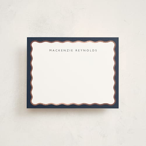 This is a navy foil stamped stationery with foil pressed by Olivia Raufman called preppy twist printing on signature in 4.25x5.5