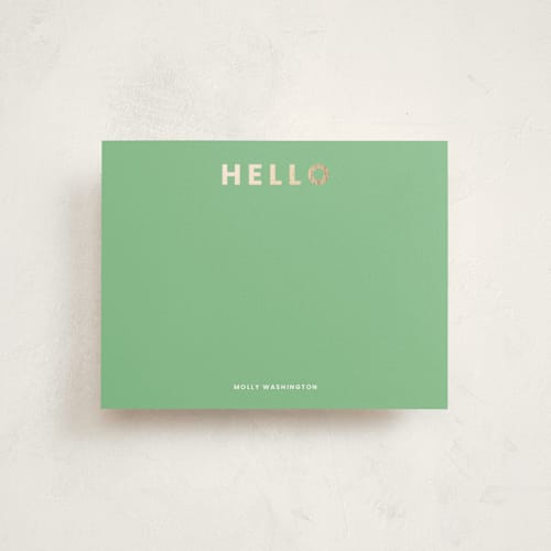 This is a avocado foil stamped stationery with foil pressed by taylorVdesign called simple hello printing on signature in 4.25x5.5
