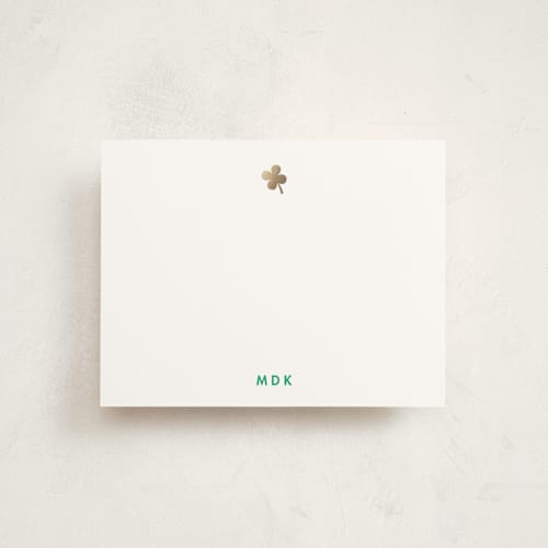 This is a clover foil stamped stationery with foil pressed by mo kelley called lucky four printing on signature in 4.25x5.5