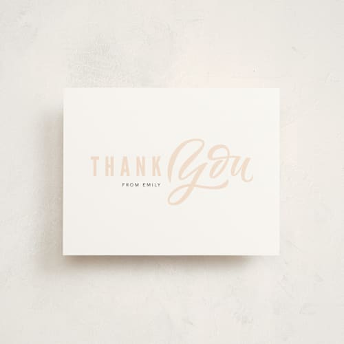 This is a peach wedding thank you cards with standard by Kristen Smith called hey girl printing on signature in standard