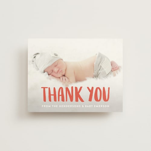 This is a coral wedding thank you cards with standard by Kim Chow called hey baby! printing on signature in standard