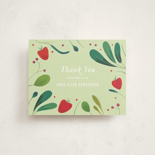 This is a mint wedding thank you cards with standard by Morgan Ramberg called berry baby printing on signature in standard