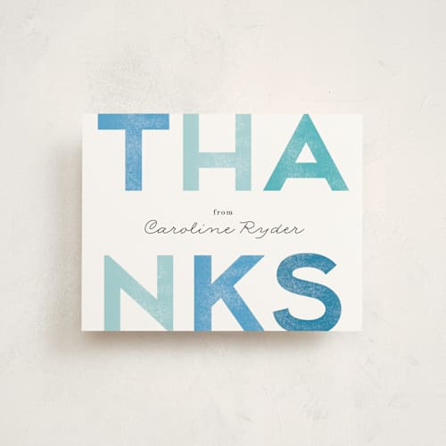 This is a aquamarine wedding thank you cards with standard by Jennifer Wick called oh baby blue printing on signature in standard
