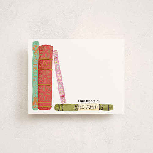 This is a sweet coral kids thank you cards notes with standard by Shiny Penny Studio called painted book spines printing on signature in standard