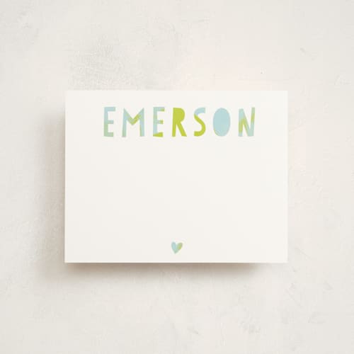 This is a lime kids thank you cards notes with standard by Melanie Severin called painted name printing on signature in standard