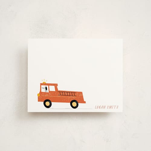 This is a fire engine kids thank you cards notes with standard by Angela Thompson called sound the alarm! printing on signature in standard
