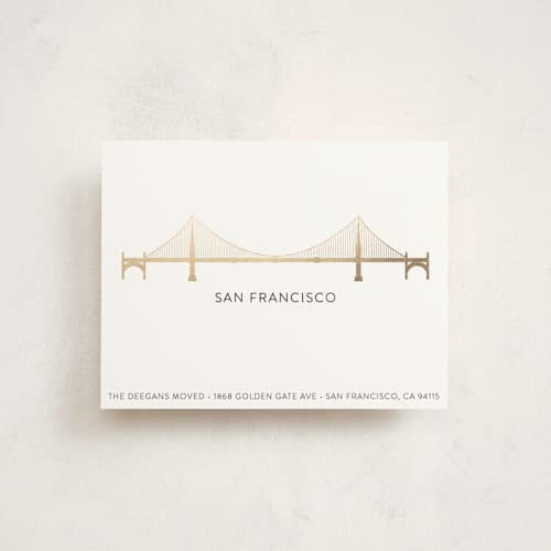 This is a gold moving announcements with foil pressed by Erin Deegan called landmark san francisco printing on signature in standard
