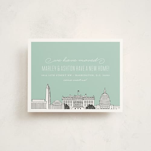 This is a mint green moving announcements with standard by Hooray Creative called big city - washington dc printing on signature in standard