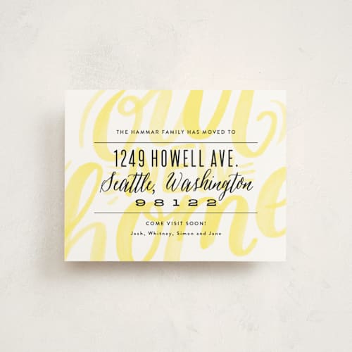 This is a lemon yellow moving announcements with standard by Alethea and Ruth called mod script printing on signature in standard