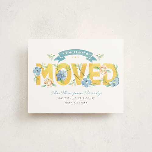 This is a marigold moving announcements with standard by Rochelle Renee called blooming printing on signature in standard