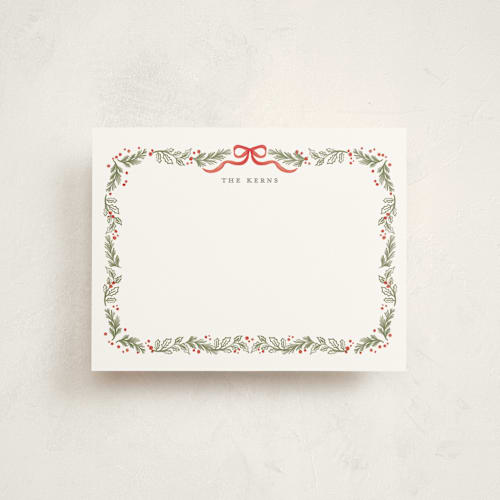 This is a stocking personalized stationery thank you cards with standard by Creo Study called holiday botanical border printing on signature in 4.25x5.5