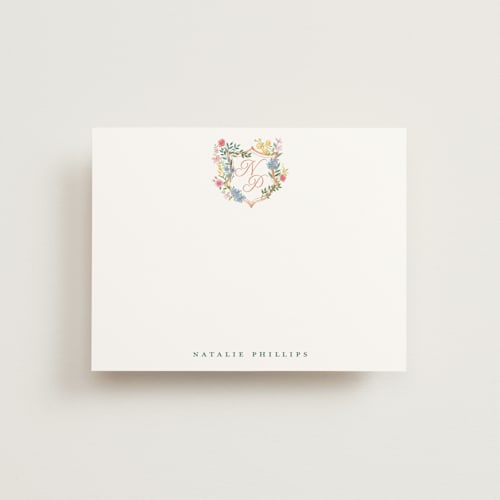 This is a petal personalized stationery thank you cards with standard by Petra Kern called montecito crest printing on signature in 4.25x5.5