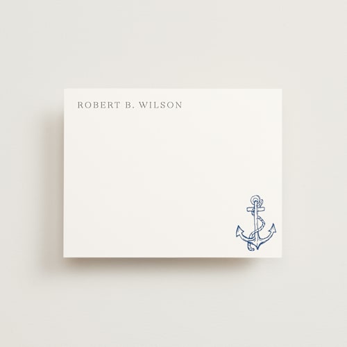 This is a navy personalized stationery thank you cards with standard by Cass Loh called anchor printing on signature in 4.25x5.5