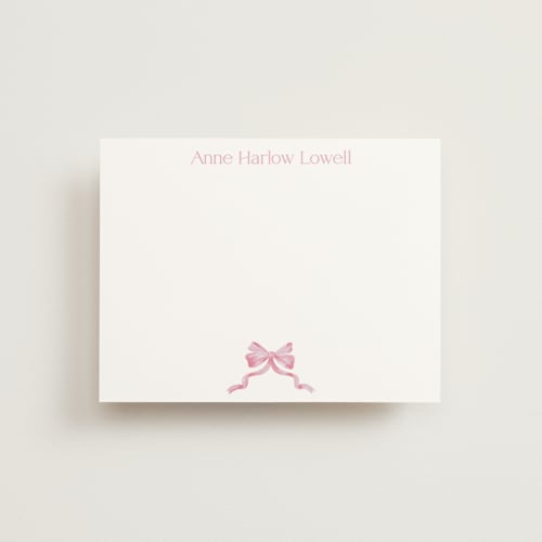 This is a blush personalized stationery thank you cards with standard by Pink House Press called bow printing on signature in 4.25x5.5