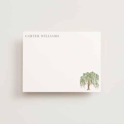 This is a leaf personalized stationery thank you cards with standard by Petra Kern called weeping willow  printing on signature in 4.25x5.5