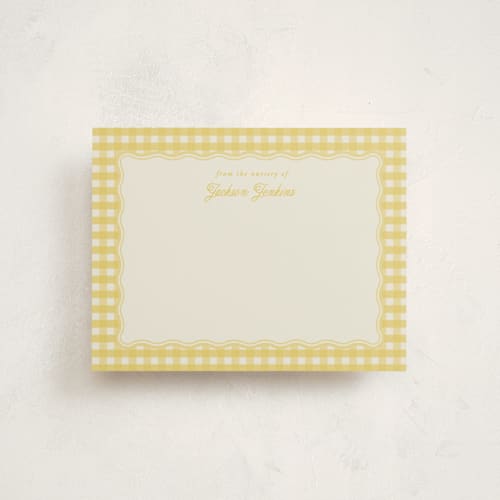 This is a lemonade personalized stationery thank you cards with standard by Brianne Larsen called scalloped gingham printing on signature in 4.25x5.5